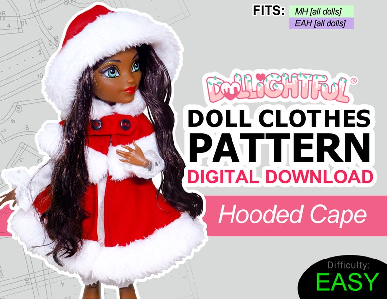 May include: A digital download pattern for a hooded cape for dolls. The pattern is easy to follow and fits Monster High and Ever After High dolls. The cape is red with white fur trim and a white fur hood.