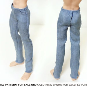 May include: A pair of blue denim pants with a frayed hem. The pants are shown on a doll-sized figure.