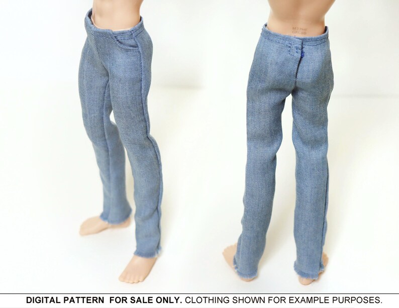 May include: A pair of blue denim pants with a frayed hem. The pants are shown on a doll-sized figure.