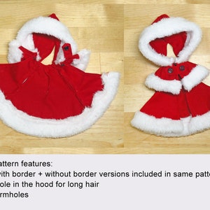 May include: Two red hooded capes with white fur trim. One cape has a white border and the other does not. Both capes have a hole in the hood for long hair. Pattern features: -with border + without border versions included in same pattern -hole in the hood for long hair -armholes