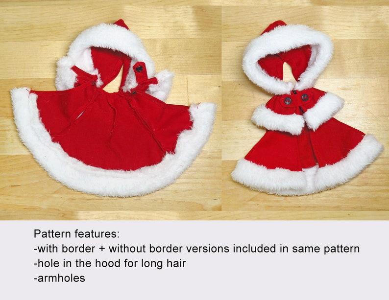 May include: Two red hooded capes with white fur trim. One cape has a white border and the other does not. Both capes have a hole in the hood for long hair. Pattern features: -with border + without border versions included in same pattern -hole in the hood for long hair -armholes