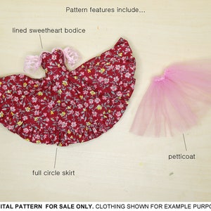 May include: A red and white floral print dress with a sweetheart bodice and a full circle skirt. The dress is paired with a pink tulle petticoat. "Pattern features include... lined sweetheart bodice, full circle skirt, petticoat. DIGITAL PATTERN FOR SALE ONLY. CLOTHING SHOWN FOR EXAMPLE PURPOSES."