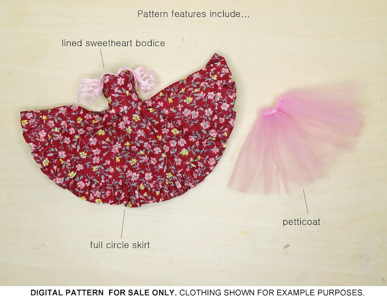 May include: A red and white floral print dress with a sweetheart bodice and a full circle skirt. The dress is paired with a pink tulle petticoat. "Pattern features include... lined sweetheart bodice, full circle skirt, petticoat. DIGITAL PATTERN FOR SALE ONLY. CLOTHING SHOWN FOR EXAMPLE PURPOSES."