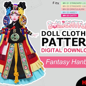 Puede incluir: Una muñeca con un colorido disfraz de Fantasy Hanbok. La muñeca lleva una parte superior negra con un emblema circular, una falda larga con detalles rojos, amarillos y azules, y un tocado tradicional. Incluye el texto "DOLL CLOTHES PATTERN DIGITAL DOWNLOAD".