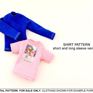 May include: A digital pattern for a shirt with short and long sleeve versions. The image shows a blue long-sleeve shirt and a pink short-sleeve shirt with a graphic print of children.