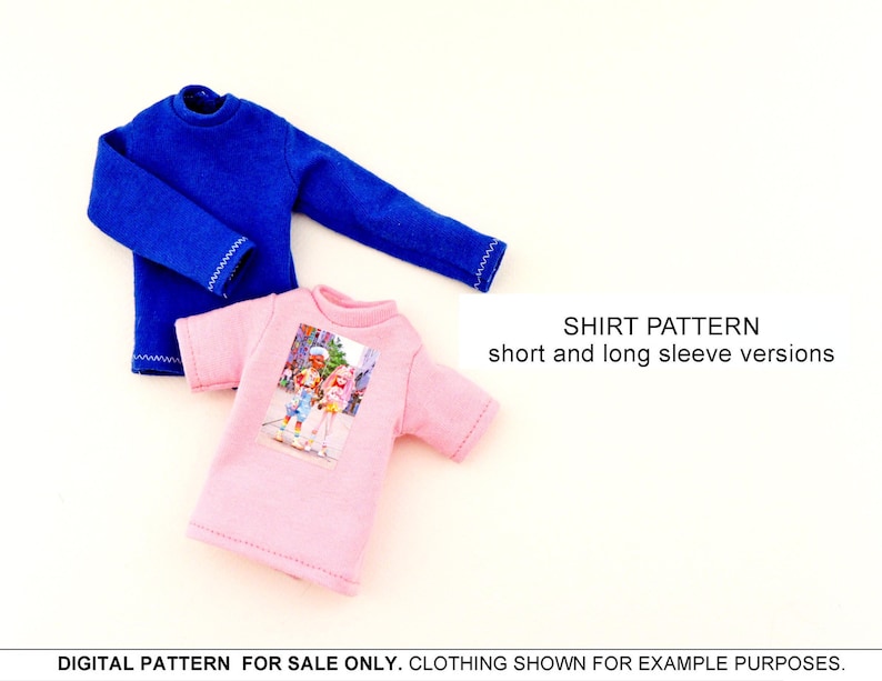 May include: A digital pattern for a shirt with short and long sleeve versions. The image shows a blue long-sleeve shirt and a pink short-sleeve shirt with a graphic print of children.