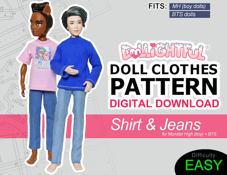 May include: A digital download pattern for making doll clothes. The pattern is for a shirt and jeans for Monster High (boy) and BTS dolls. The pattern is easy to follow and includes instructions for making both the shirt and jeans. The pattern is available for digital download.
