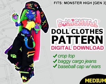 DIGITALER Download Puppenkleidung Schnittmuster: Crop Top, Baseball Cap, Baggy Cargo Jeans (Uvies outfit)
