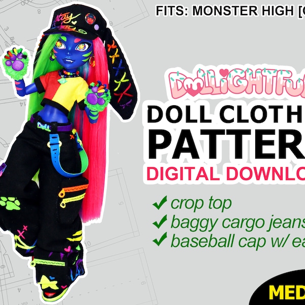DIGITAL Download Doll Clothes Pattern: Crop Top, Baseball Cap, Baggy Cargo Jeans (Uvie's outfit)