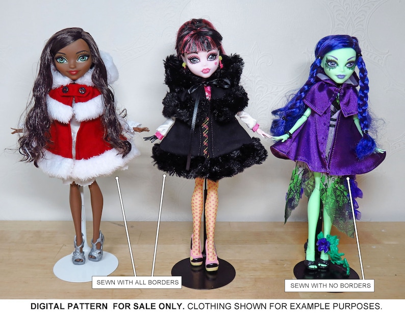 May include: Three Monster High dolls wearing different outfits. The doll on the left is wearing a red and white cape with a white fur trim. The doll in the middle is wearing a black and white cape with a black fur trim. The doll on the right is wearing a purple cape with a green and blue dress.  "SEWN WITH ALL BORDERS" and "SEWN WITH NO BORDERS" are printed at the bottom of the image.