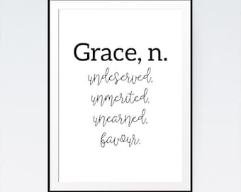 Grace, n. - Black & White Scripture Print, Christian Print, Christian Wall Art, Scripture Art, Grace Print, Christian Home Decor