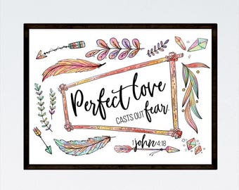 Perfect love casts out fear 1 John 4:18, Bohemian Decor, Christian Print, Scripture Art, Bible Verse Print, Christian Gift, Arrow Wall Decor