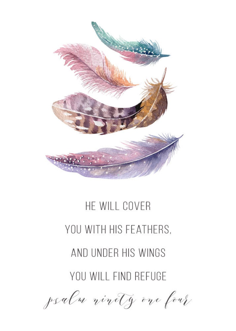 He will cover you with His feathers Psalm 91:4 Feather Print, Christian Nursery Decor, Nursery Art, Bible Verse Print, Scripture Print image 2