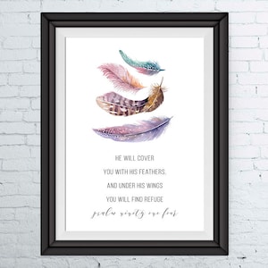 He will cover you with His feathers Psalm 91:4 Feather Print, Christian Nursery Decor, Nursery Art, Bible Verse Print, Scripture Print image 1