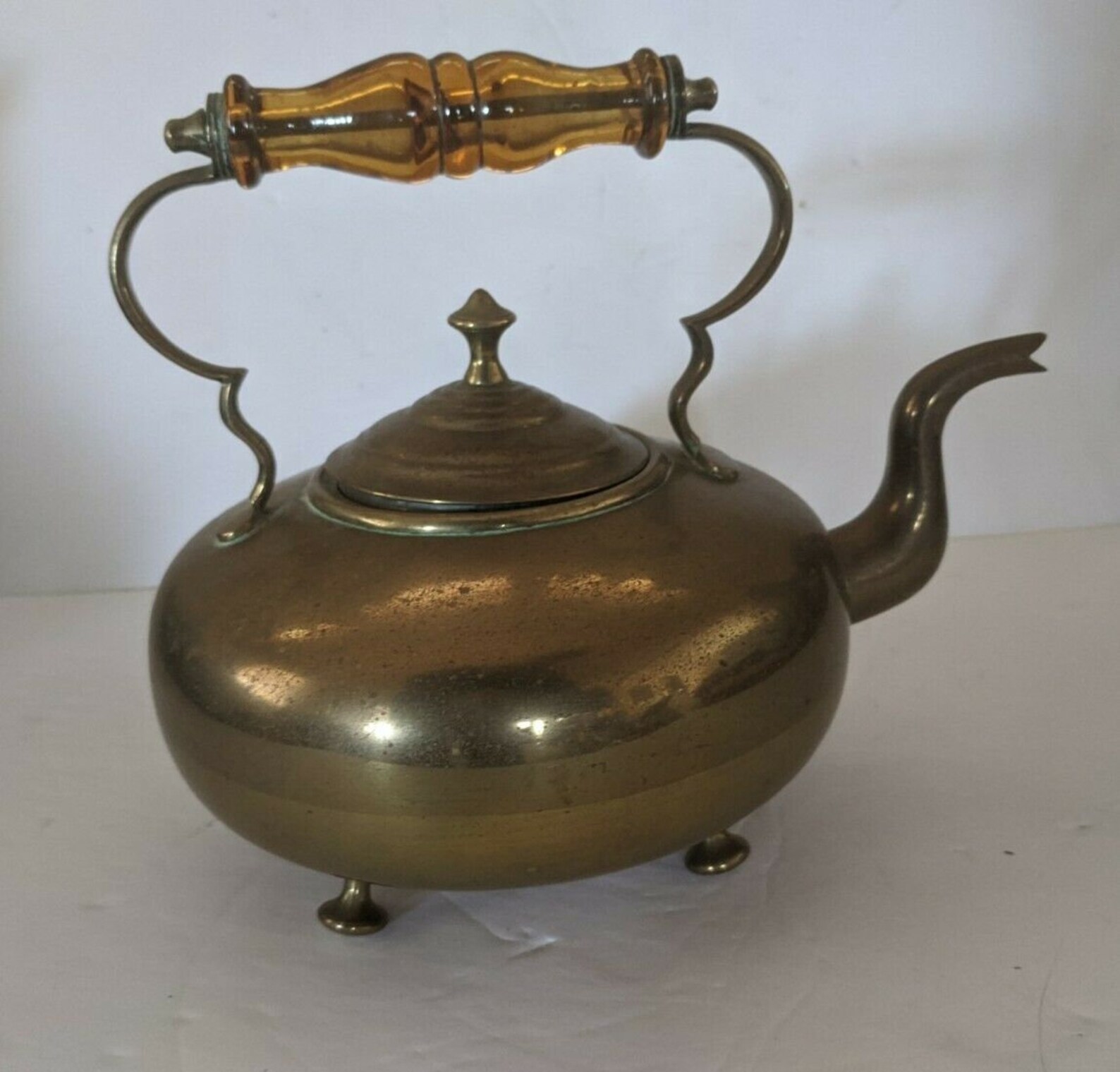 Antique Brass Footed Tea Kettle Amber Glass Handle England Etsy