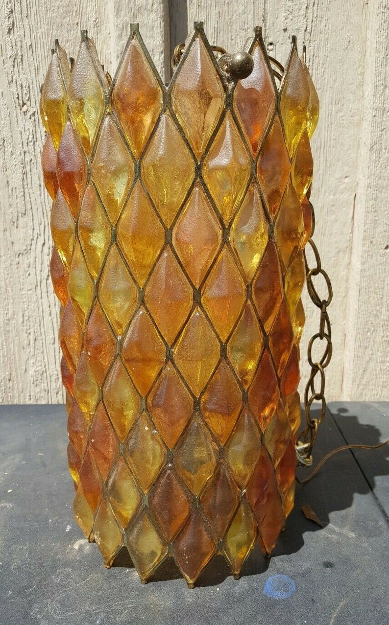 Mid Century Chunky Lucite Swag Lamp Handcrafted House Of Mosaic Gold Amber Brass