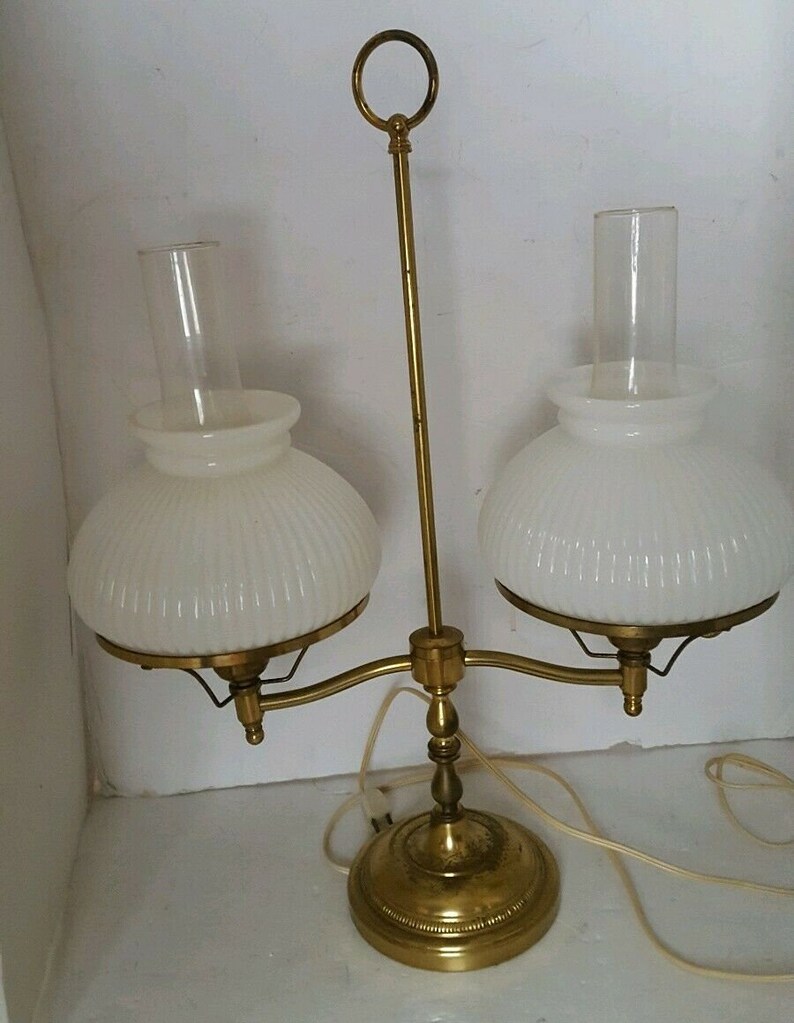 Vintage Double Arm Student Desk Lamp Brass White Ribbed Shades