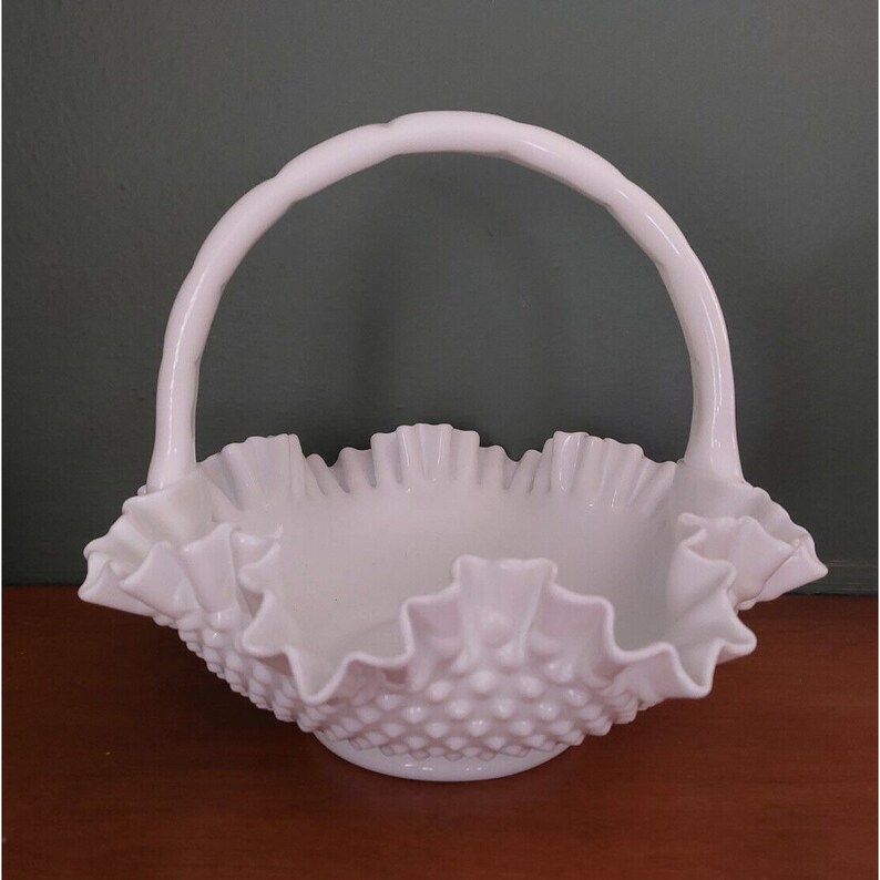 Vintage Fenton Hobnail Milk Glass Basket With Handle Large Etsy