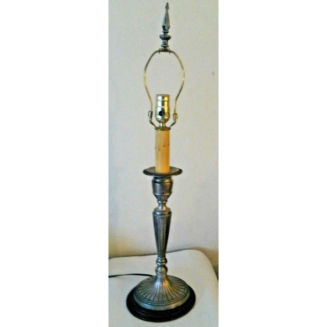 Vintage Pewter Candlestick Lamp Colonial Style Wood Base by Etsy