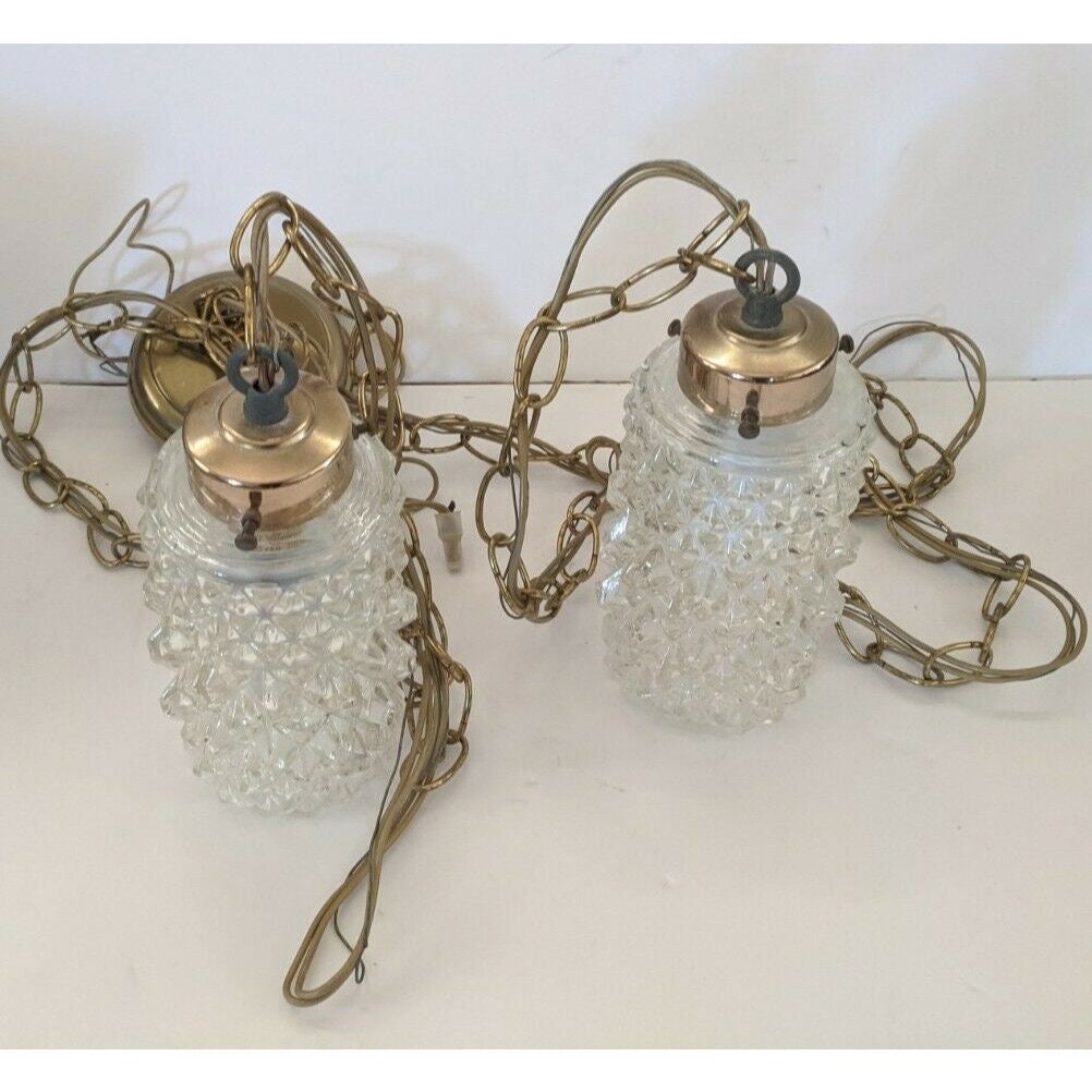 Mid Century Double Swag Hanging Pendant Cut Glass Canister Lights