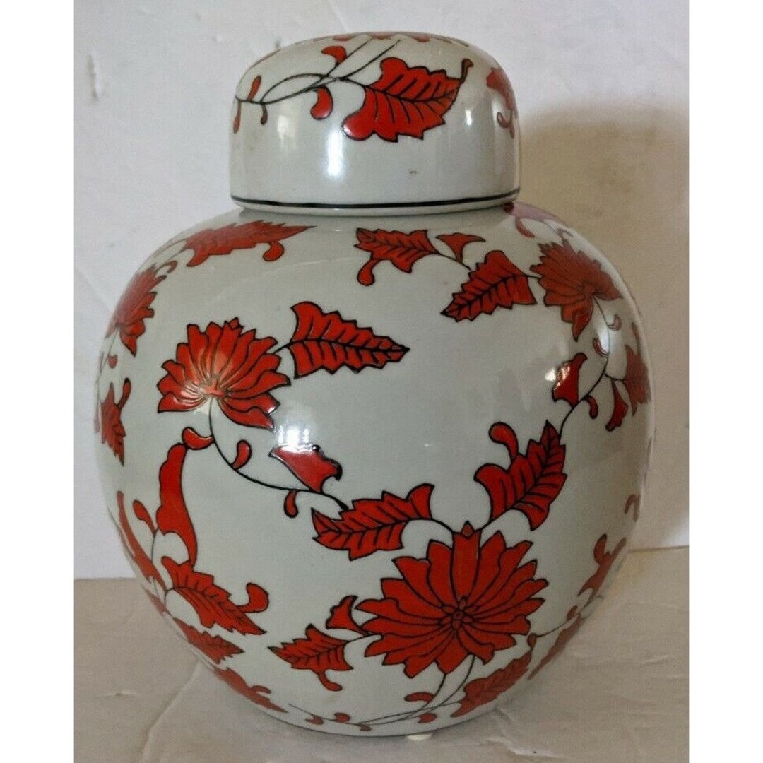 Vintage Ceramic Ginger Jar Red and White Etsy