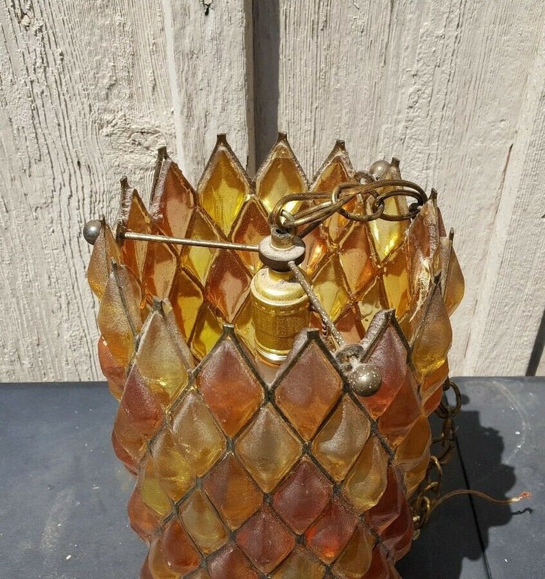 Mid Century Chunky Lucite Swag Lamp Handcrafted House Of Mosaic Gold Amber Brass