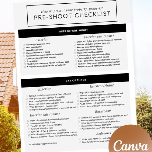 Customizable Real Estate Photography Pre Shoot Checklist for Etsy