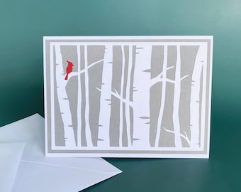 Birch Tree Cardinal Greeting Card - Hand Cut Paper Art - Clarke Paper and Knife