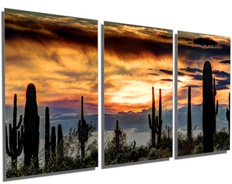 Metal Prints - Sonoran Desert, Arizona Sunset Wall Art - 3 Panel split, Triptych- Metal HD aluminum prints home wall decor, interior design