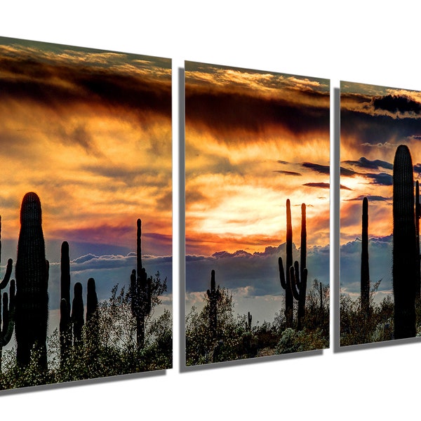 Metal Prints - Sonoran Desert, Arizona Sunset Wall Art - 3 Panel split, Triptych- Metal HD aluminum prints home wall decor, interior design