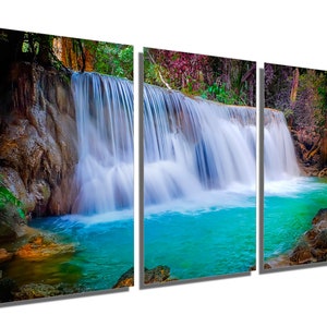 Metal Prints - Forest Waterfall Wall Art - 3 Panel split, Triptych - Metal HD aluminum prints for home decor, wall decor & interior design 3 Panel
