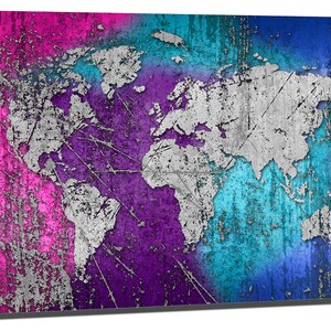 Metal Prints - Abstract Colorful Silver World Map -3 Panel Split ...