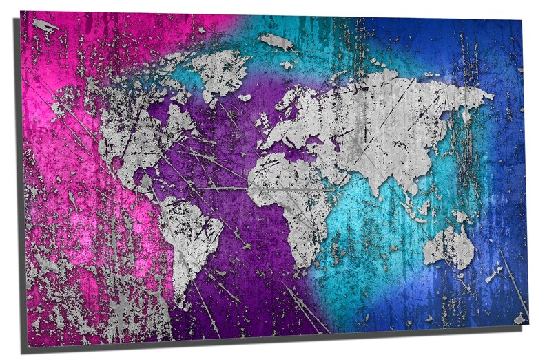 Metal Prints - Abstract Colorful Silver World Map -3 Panel Split ...