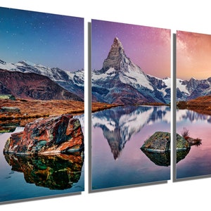 Metal Print - Matterhorn Mountain Wall Art at Swiss Alps, with Lake Stellisee & purple-orange skies - Metal wall art HD aluminum print decor