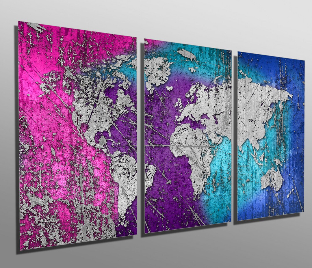 Metal Prints - Abstract Colorful Silver World Map -3 Panel Split ...