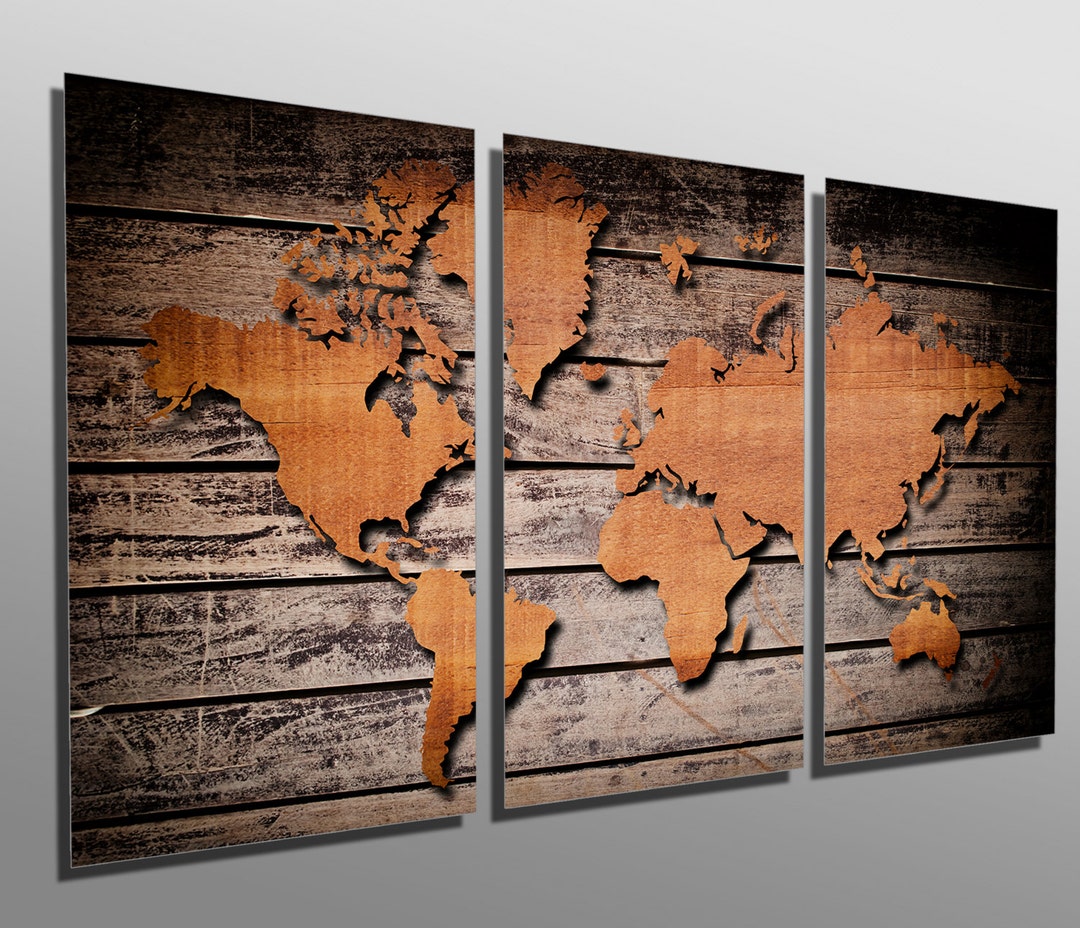 Metal Prints - Wood Style Brown World Map - 3 Panel Split, Triptych ...