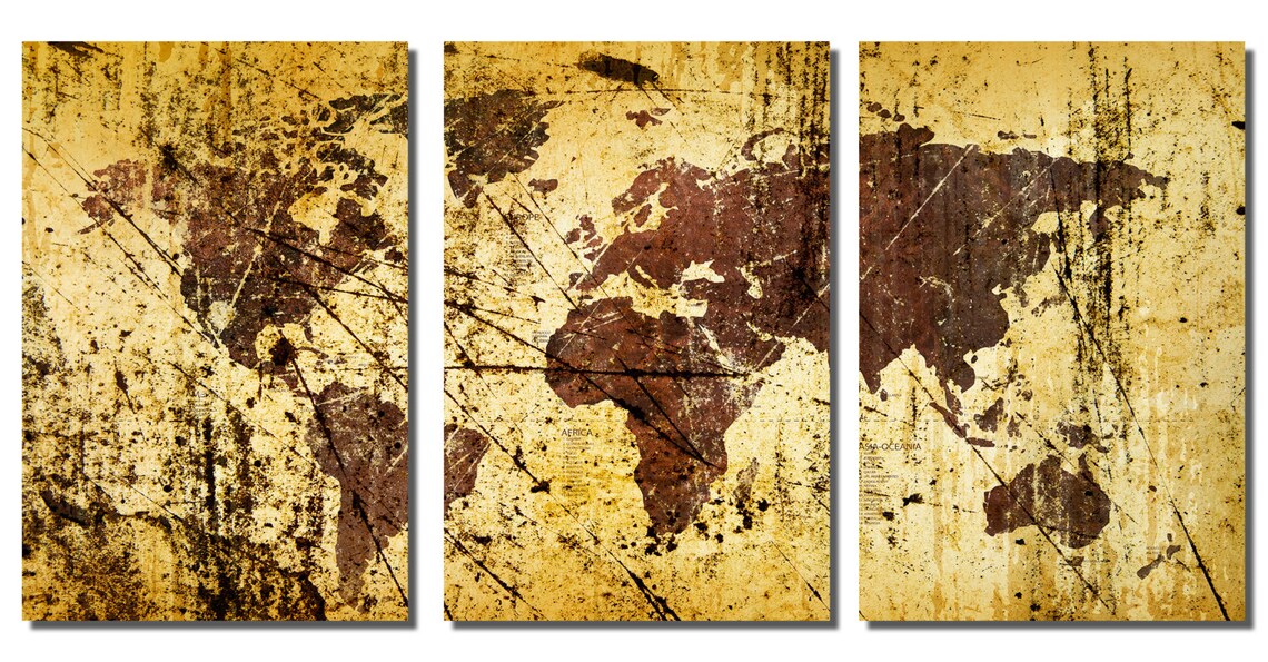 Metal Prints - Abstract Kobicha World Map - 3 Panel Split (triptych ...