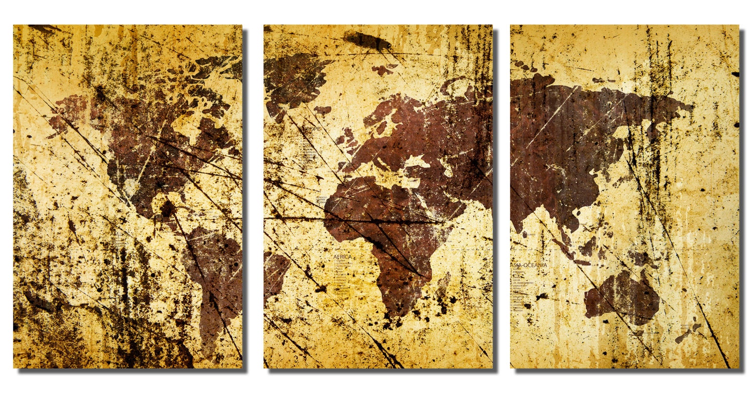 Metal Prints - Abstract Kobicha World Map - 3 Panel Split (triptych ...