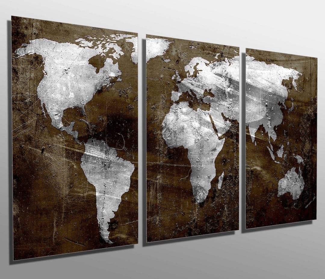 Metal Prints - Abstract Brown Silver World Map - 3 Panel Split ...