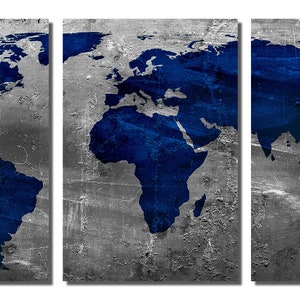 Metal Print - Sapphire Blue World Map - 3 Panel Split, Triptych - Metal ...