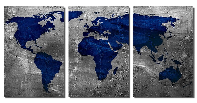 Metal Print - Sapphire Blue World Map - 3 Panel Split, Triptych - Metal ...