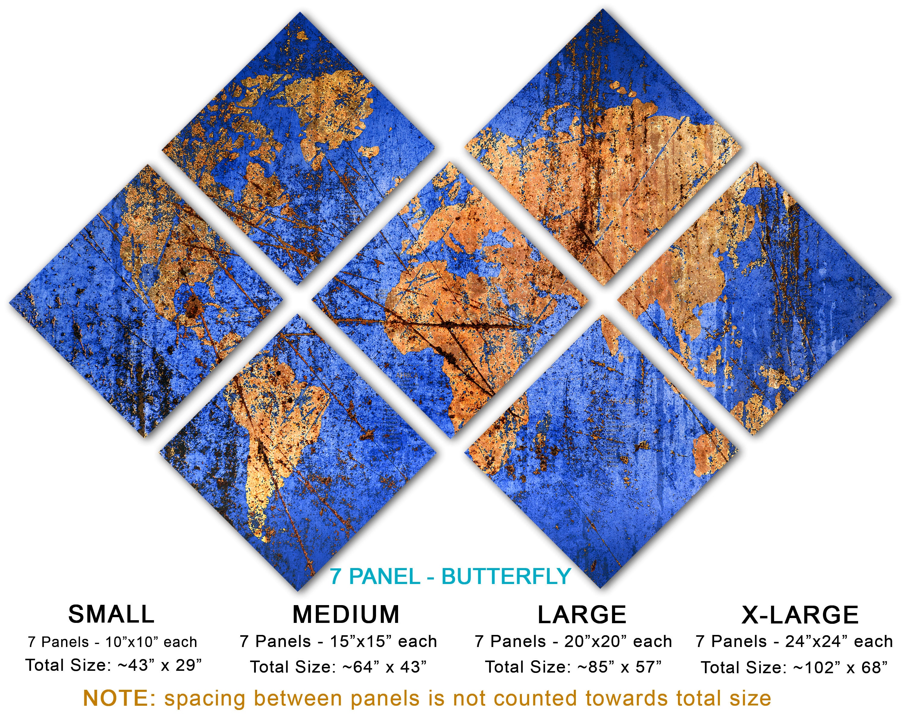 Metal Prints - Abstract Blue World Map - 3 Panel Split (triptych ...