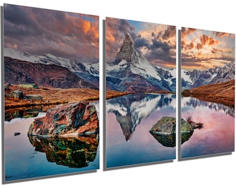 Metal Print - Swiss Alps Wall Art of Cervino Peak, Lake Stellisee glowing skies at dusk Mountain decor-Metal wall art HD aluminum print deco