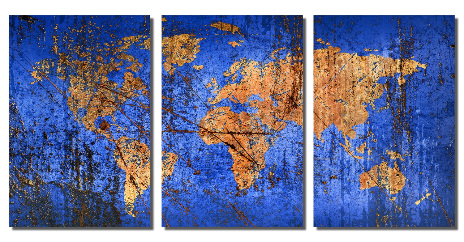 Metal Prints - Abstract Blue World Map - 3 Panel Split (triptych ...