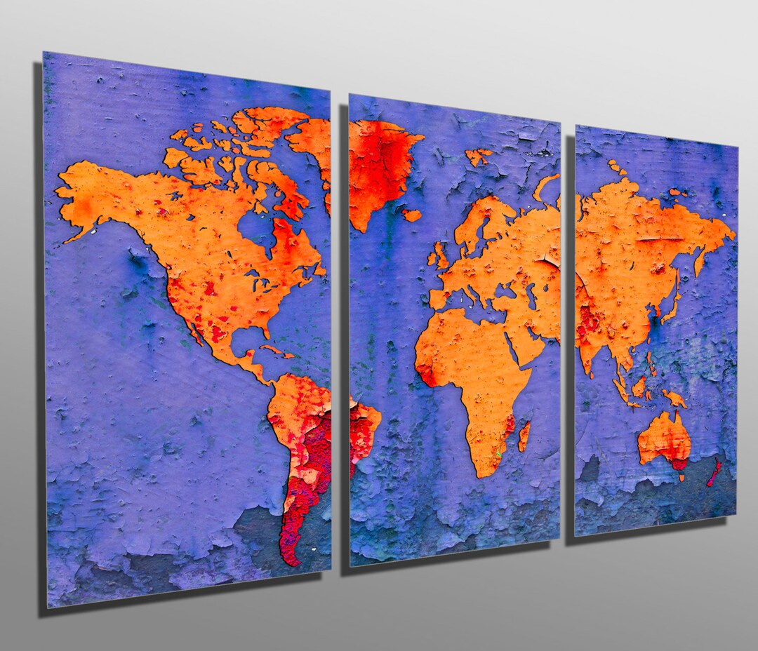 Metal Print Flake World Map 3 Panel Split triptych - Etsy