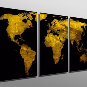 Impressions métalliques - Carte du monde abstraite en or noir - 3 panneaux divisés, Triptyque - Impressions d'art mural en métal HD sur aluminium pour décoration murale, design d'intérieur