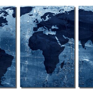 Metal Prints - Abstract Dark Blue World Map - 3 Panel Split (triptych ...