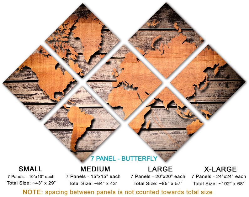 Metal Prints - Wood Style Brown World Map - 3 Panel Split, Triptych ...