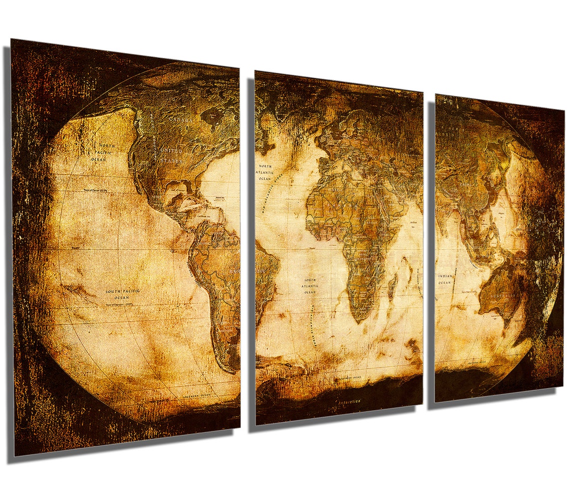 Metal Prints - Rustic World Map - 3 Panel Split (triptych) - Multi ...