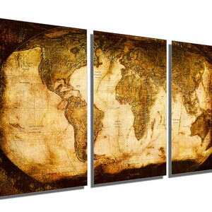 Impressions sur métal - Carte du monde rustique - 3 panneaux divisés (triptyque) - Impressions murales en métal sur plusieurs panneaux sur aluminium HD pour la décoration intérieure et la décoration d'intérieur.